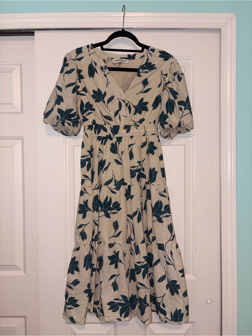 Harlow & Rose Ivory Floral Puff Sleeve Midi Dress 100% cotton Size S